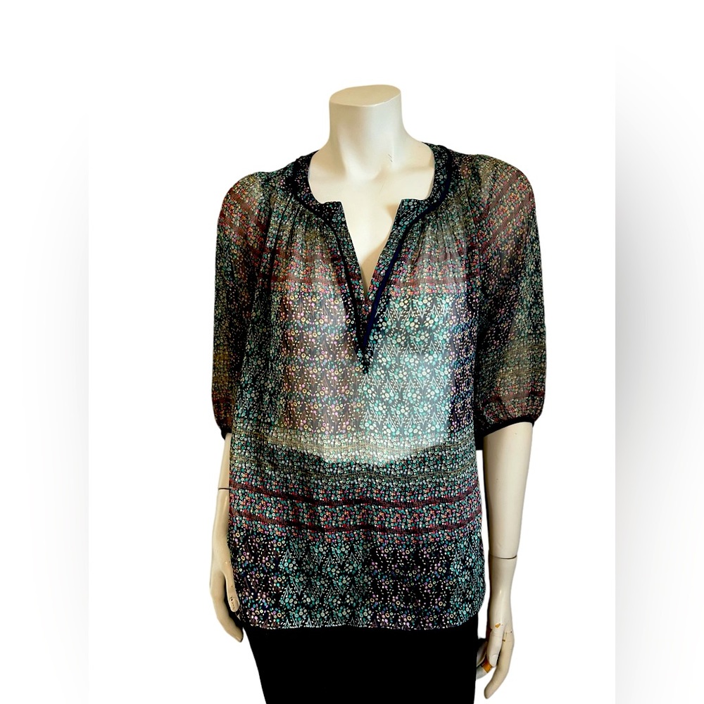 Maeve Anthropologie Poppy blouse black green floral sheer peasant lightw…